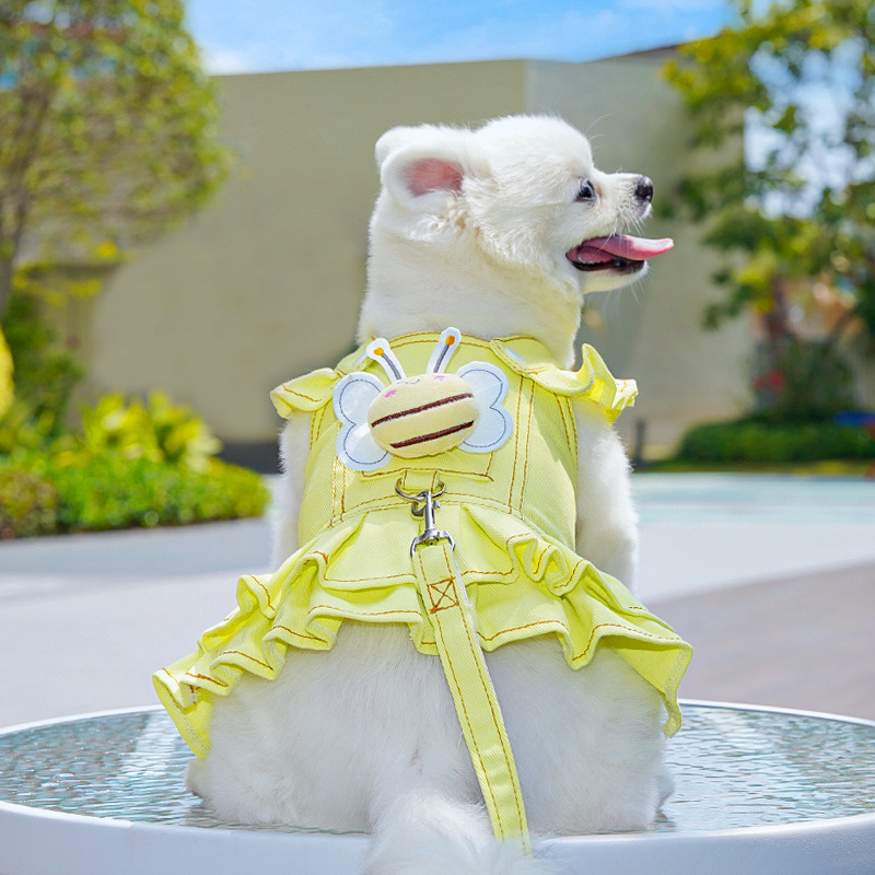 Denim Pet Dress With Bee Charm Leash Hook