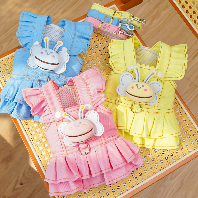 Denim Pet Dress With Bee Charm Leash Hook