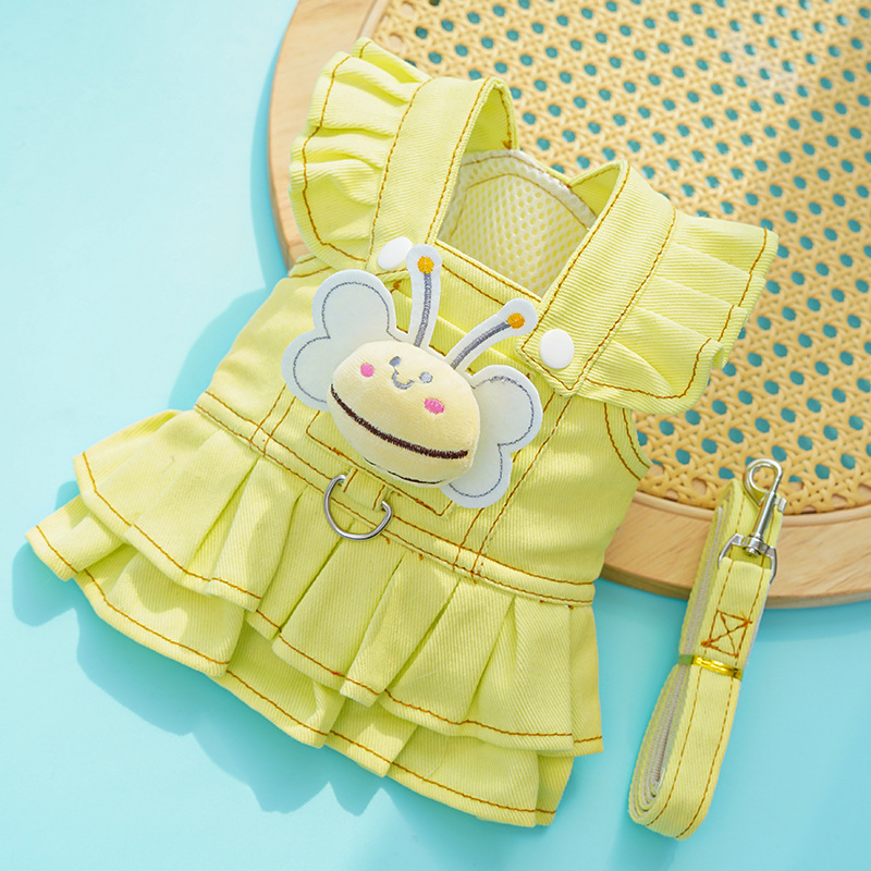 Denim Pet Dress With Bee Charm Leash Hook