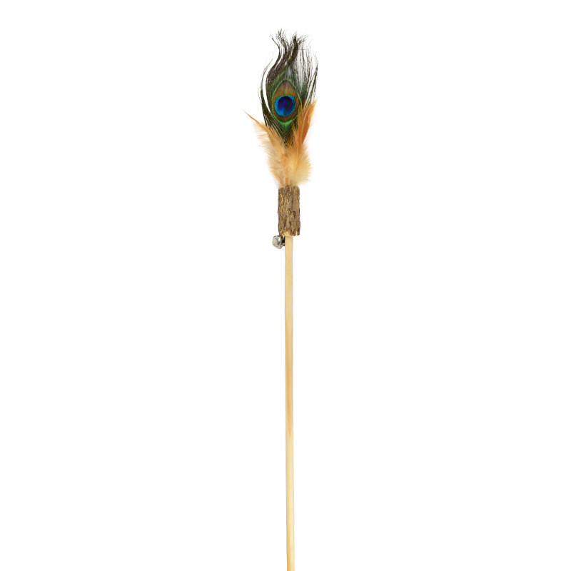 Wooden Stick Peacock Feather Teaser Silver Bell