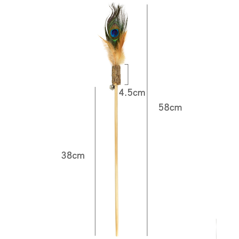 Wooden Stick Peacock Feather Teaser Silver Bell