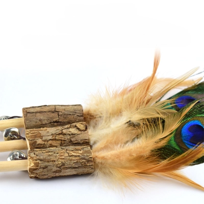 Wooden Stick Peacock Feather Teaser Silver Bell 02
