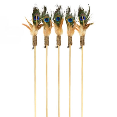 Wooden Stick Peacock Feather Teaser Silver Bell 01