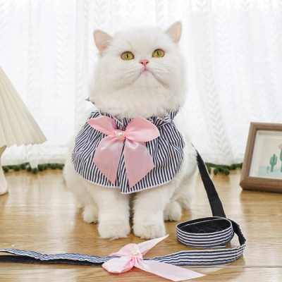 Classic Blue Stripe Pet Harness Leash Set Bow 01