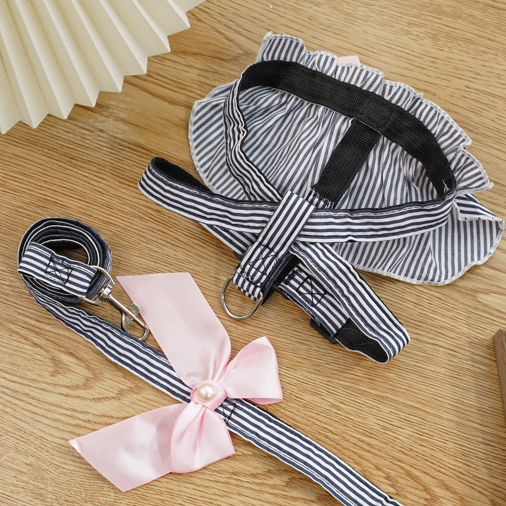 Classic Blue Stripe Pet Harness Leash Set Bow