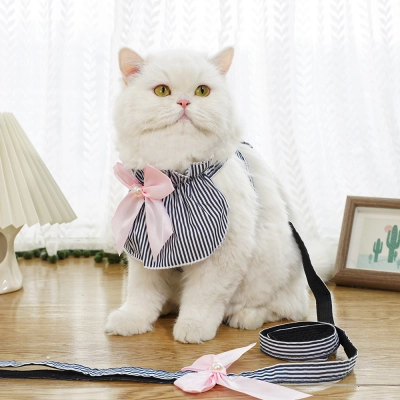Classic Blue Stripe Pet Harness Leash Set Bow 02