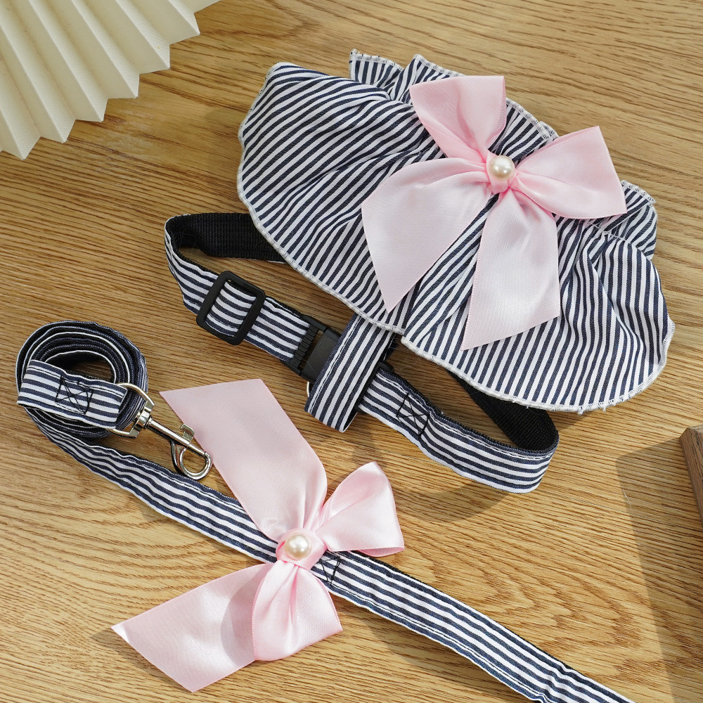 Classic Blue Stripe Pet Harness Leash Set Bow