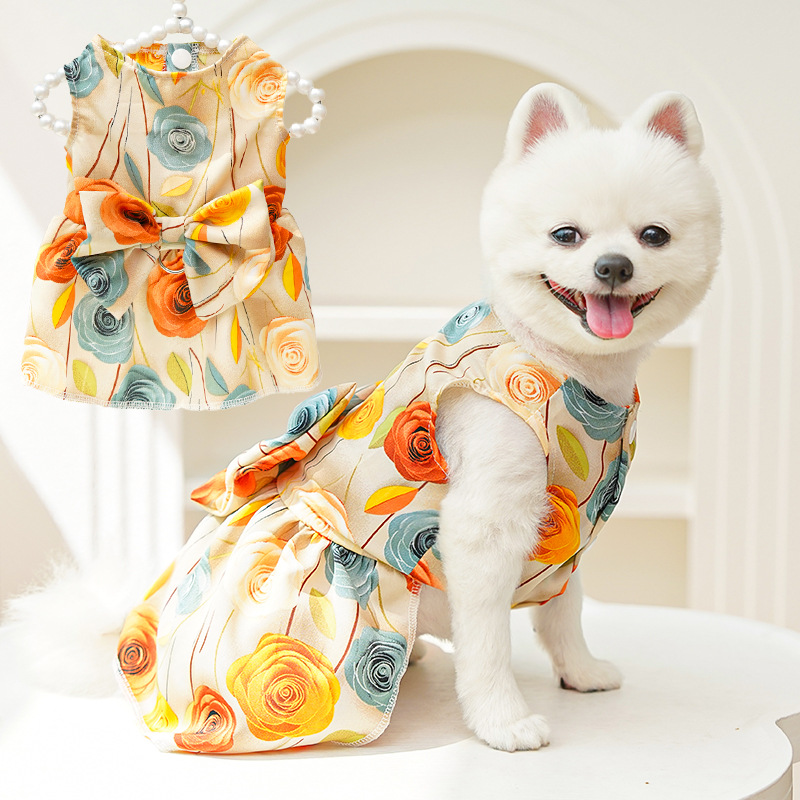 3D Rose Pet Dress Pearl Hanger Summer Outfit