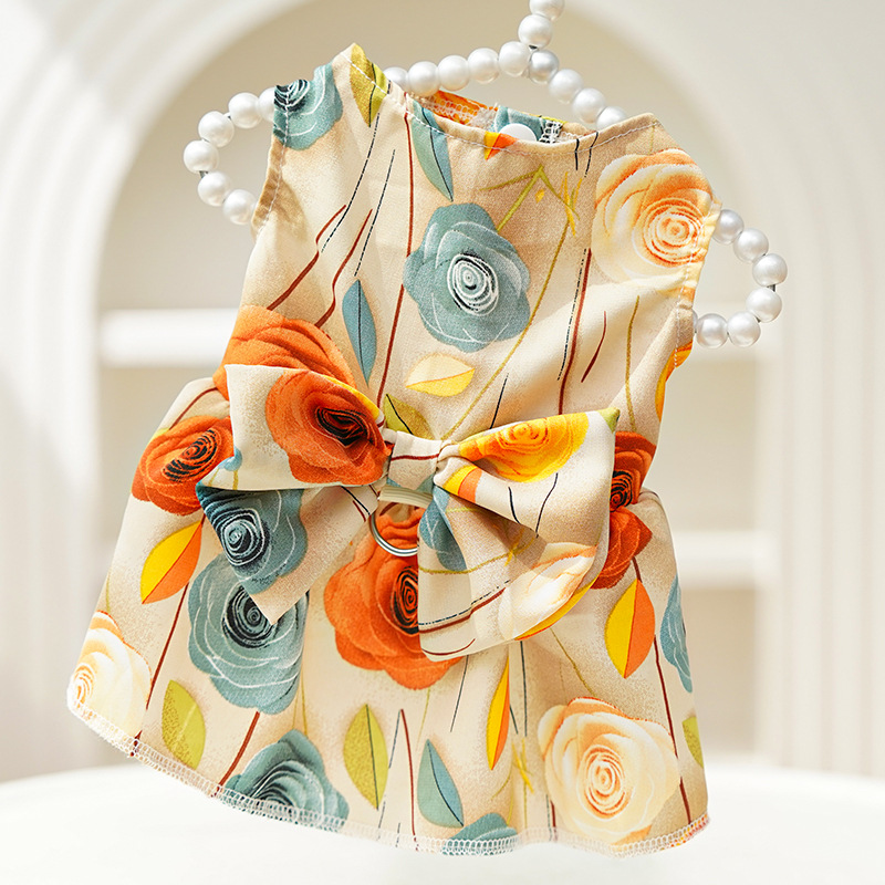 3D Rose Pet Dress Pearl Hanger Summer Outfit
