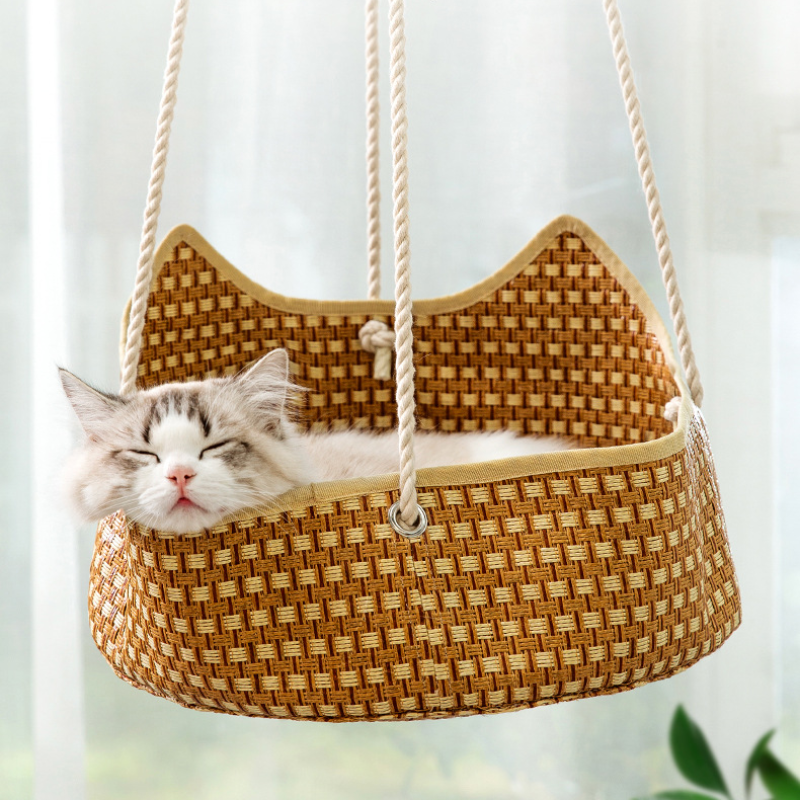 Handwoven Rattan Cat Bed Summer Cooling Hanging Hammock