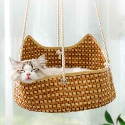Handwoven Rattan Cat Bed Summer Cooling Hanging Hammock 01