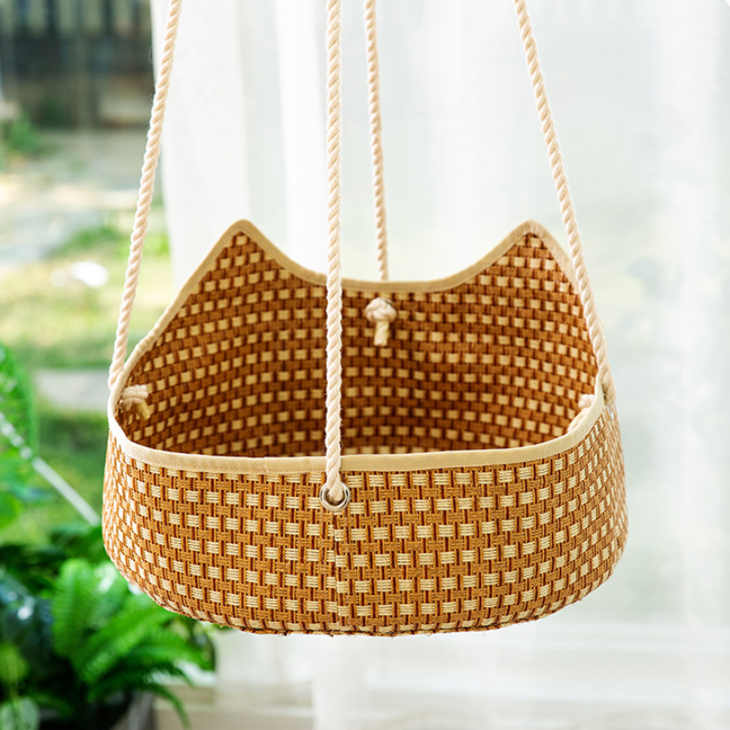 Handwoven Rattan Cat Bed Summer Cooling Hanging Hammock