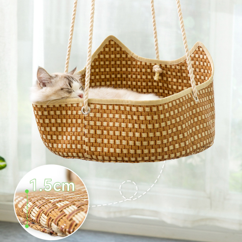 Handwoven Rattan Cat Bed Summer Cooling Hanging Hammock
