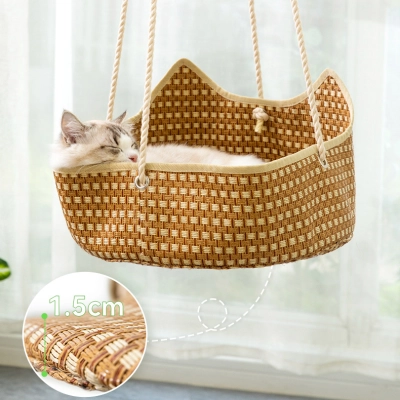 Handwoven Rattan Cat Bed Summer Cooling Hanging Hammock 02