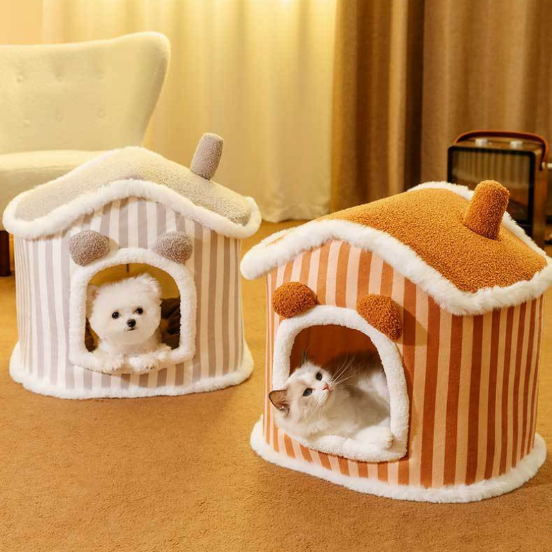 House Style Pet Bed Warm Plush Enclosed Pet Hutc