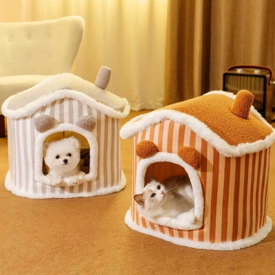 House Style Pet Bed Warm Plush Enclosed Pet Hutc 01