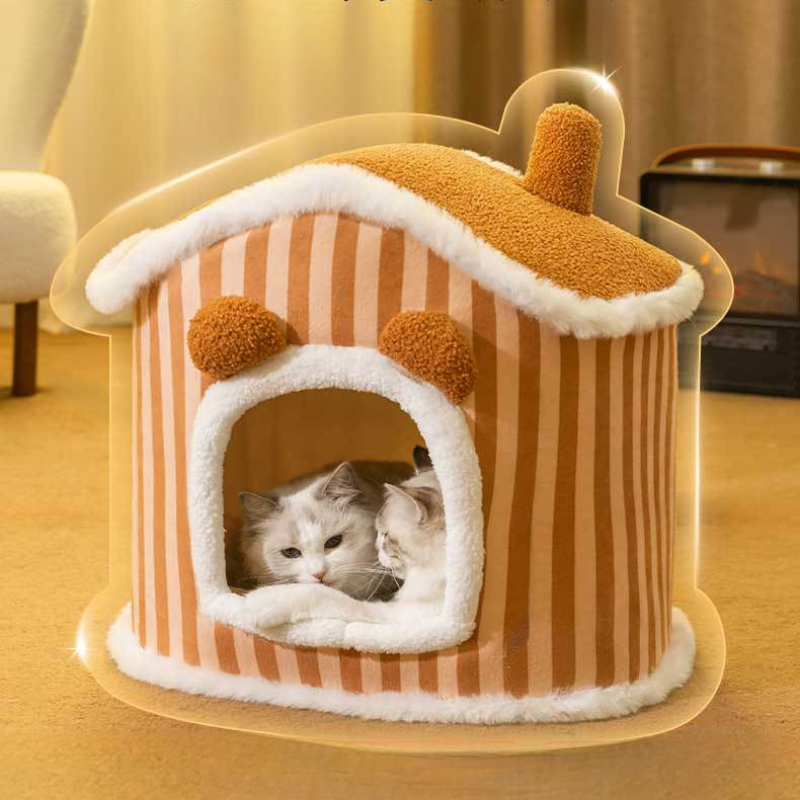 House Style Pet Bed Warm Plush Enclosed Pet Hutc