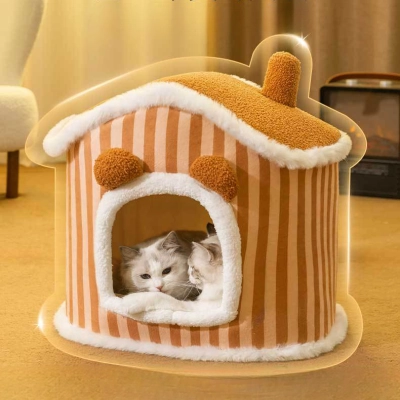 House Style Pet Bed Warm Plush Enclosed Pet Hutc 02