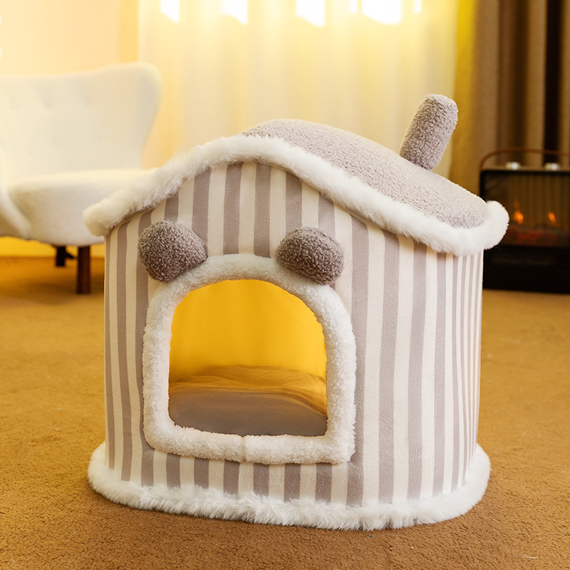 House Style Pet Bed Warm Plush Enclosed Pet Hutc