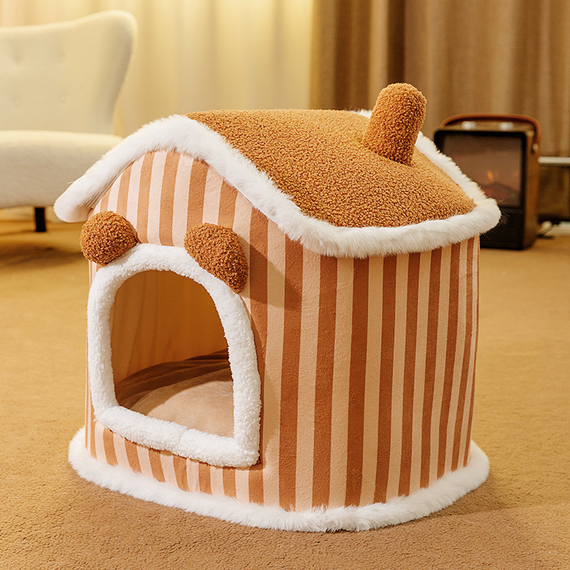 House Style Pet Bed Warm Plush Enclosed Pet Hutc