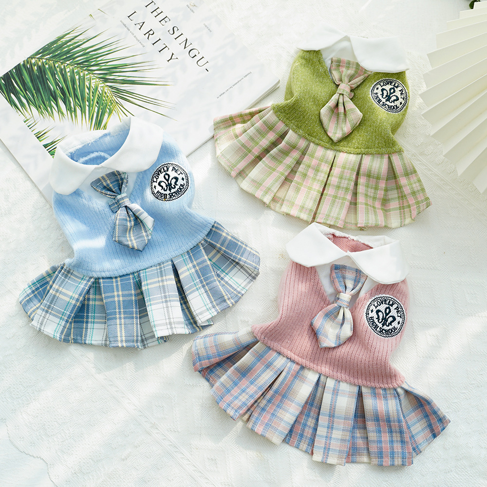 Knit Pet Dress Plaid Skirt School Uniform Style