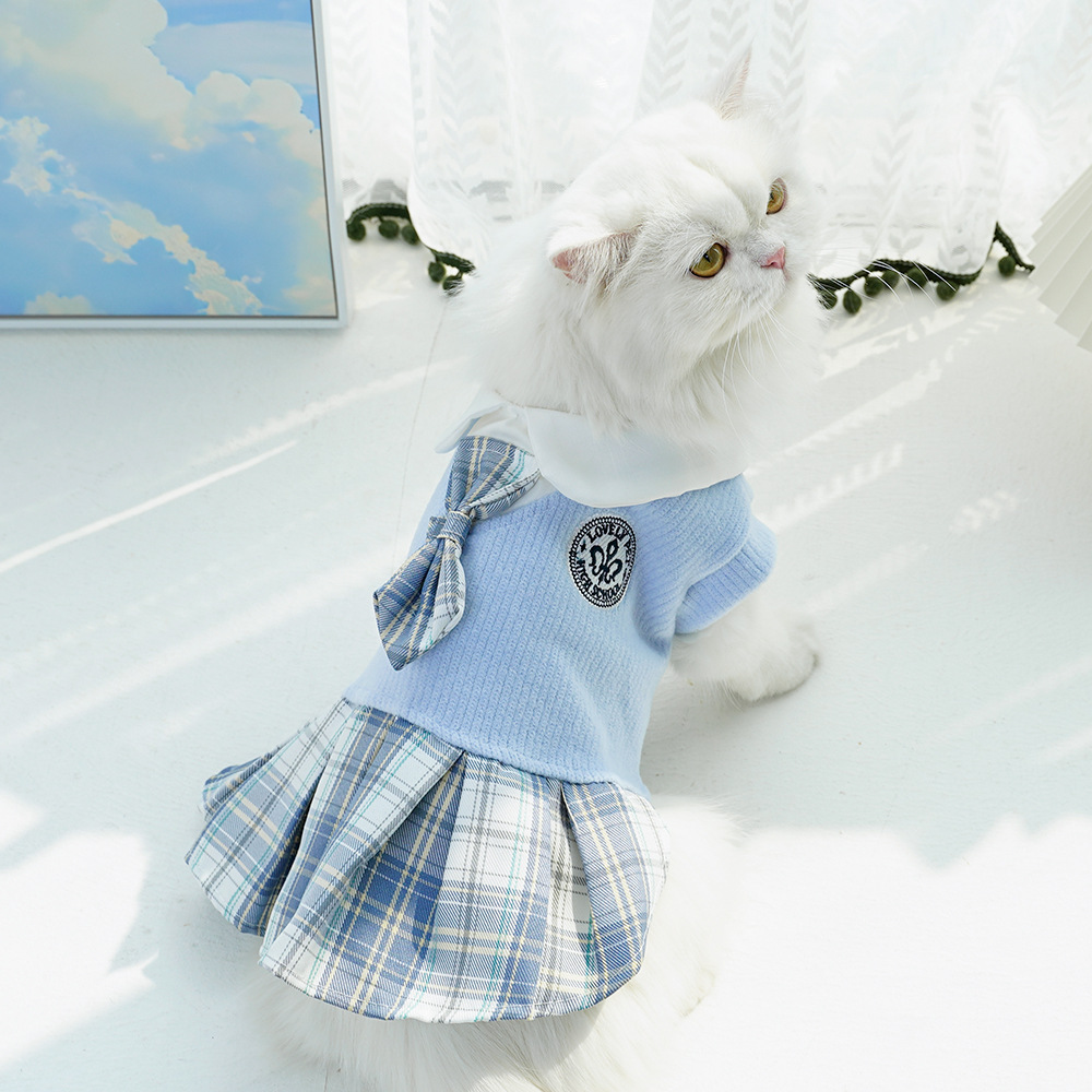 Knit Pet Dress Plaid Skirt School Uniform Style