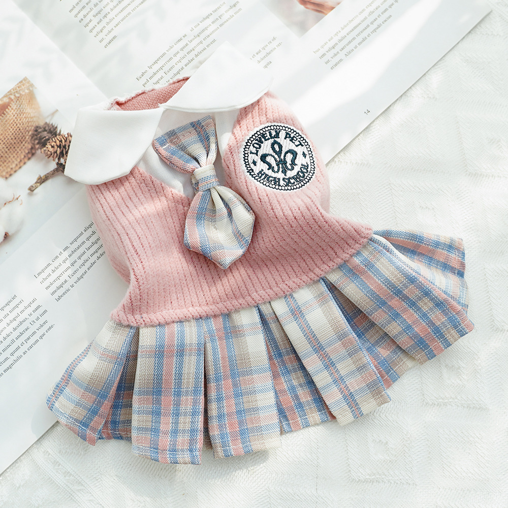 Knit Pet Dress Plaid Skirt School Uniform Style