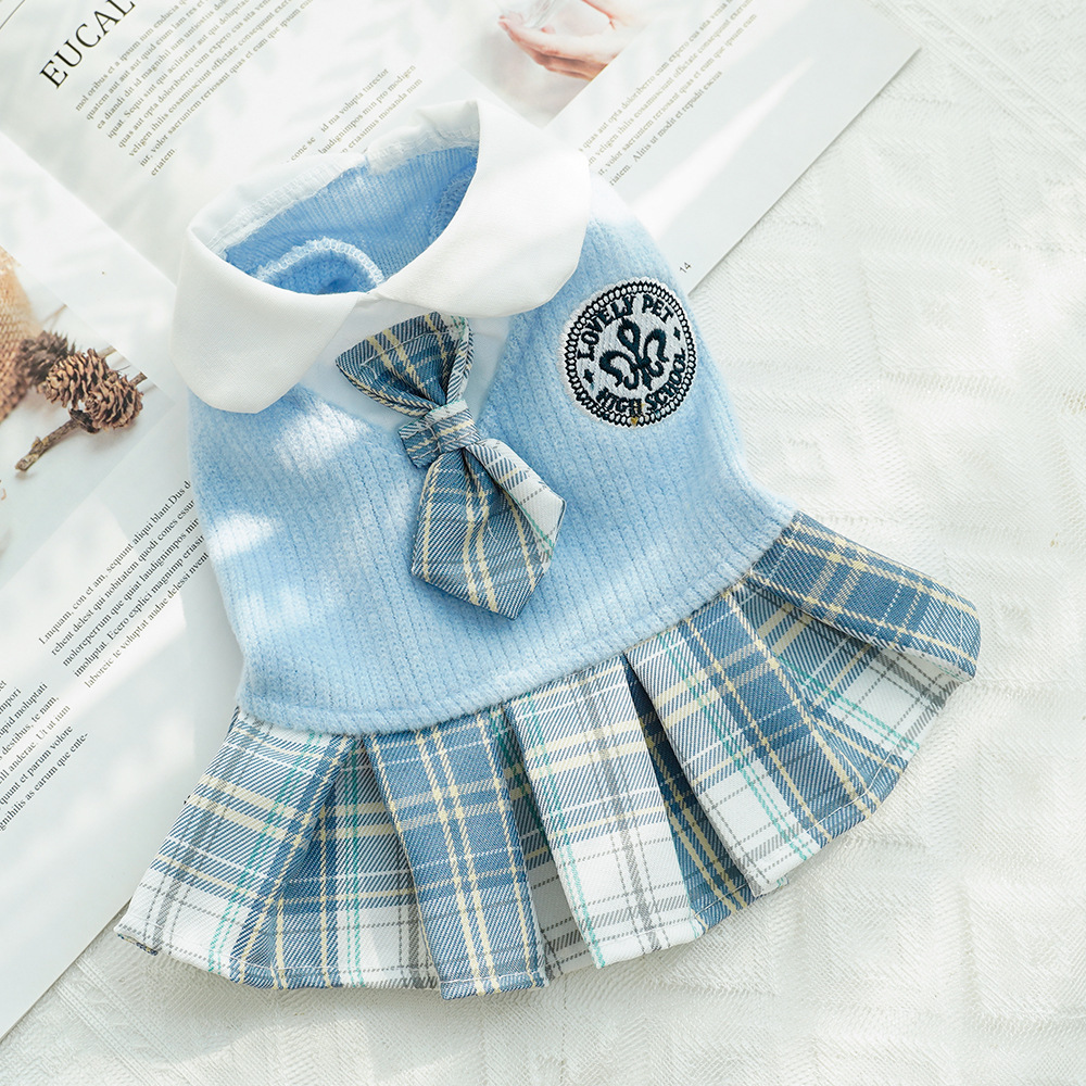 Knit Pet Dress Plaid Skirt School Uniform Style