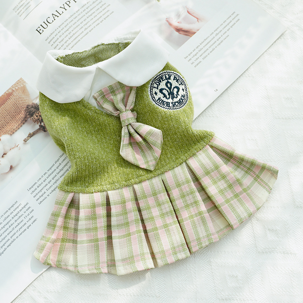 Knit Pet Dress Plaid Skirt School Uniform Style
