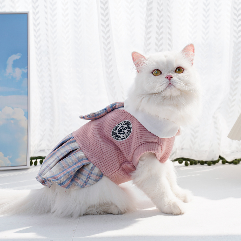 Knit Pet Dress Plaid Skirt School Uniform Style
