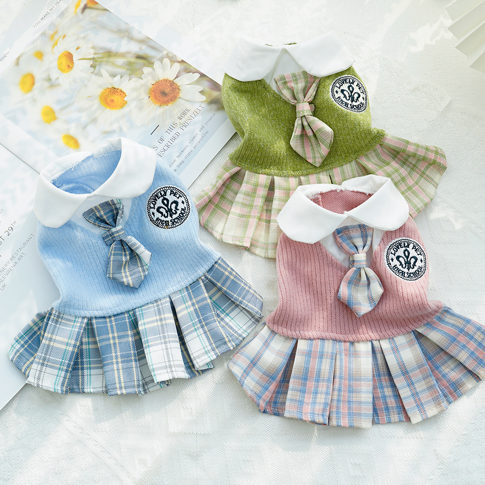 Knit Pet Dress Plaid Skirt School Uniform Style