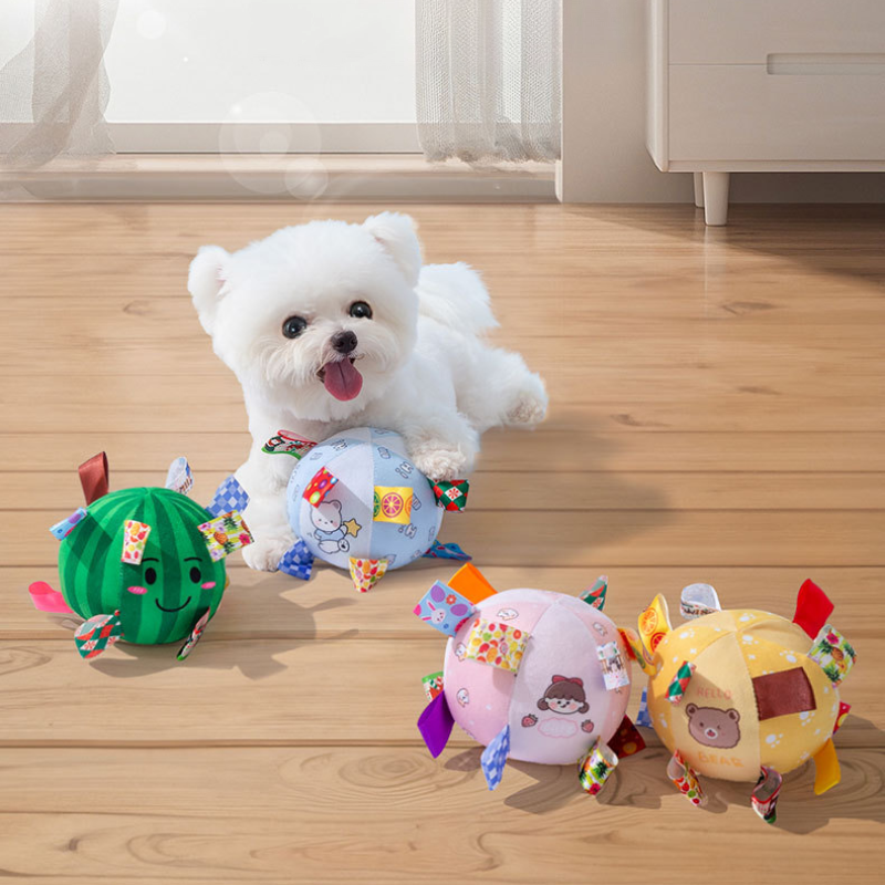 Plush Squeaky Toy Ball Colorful Ribbon Chew Resistant