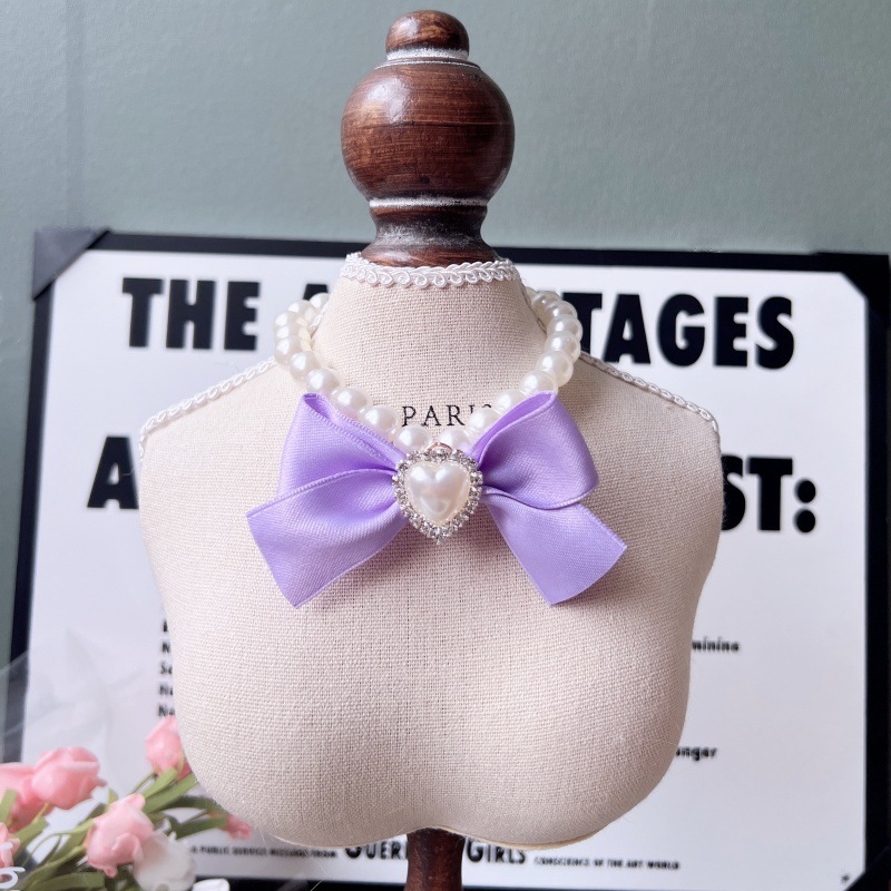 Pearl Pet Collar Bow Tie Heart Charm