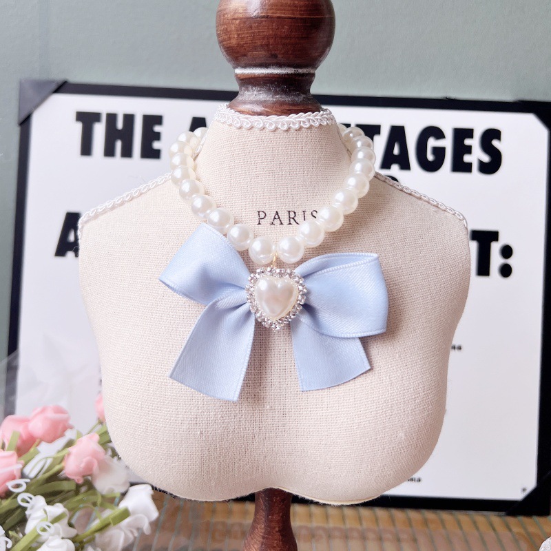 Pearl Pet Collar Bow Tie Heart Charm