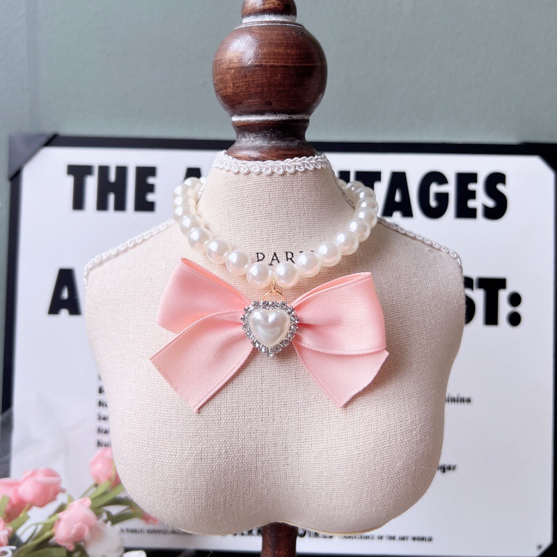 Pearl Pet Collar Bow Tie Heart Charm