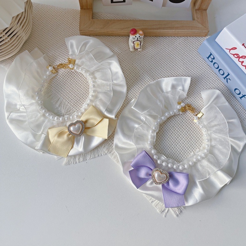 Pet Pearl Bib Cream Bow Heart Charm