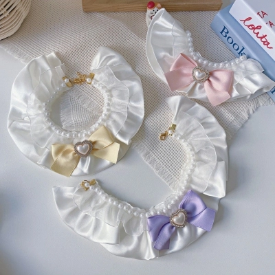 Pet Pearl Bib Cream Bow Heart Charm 02