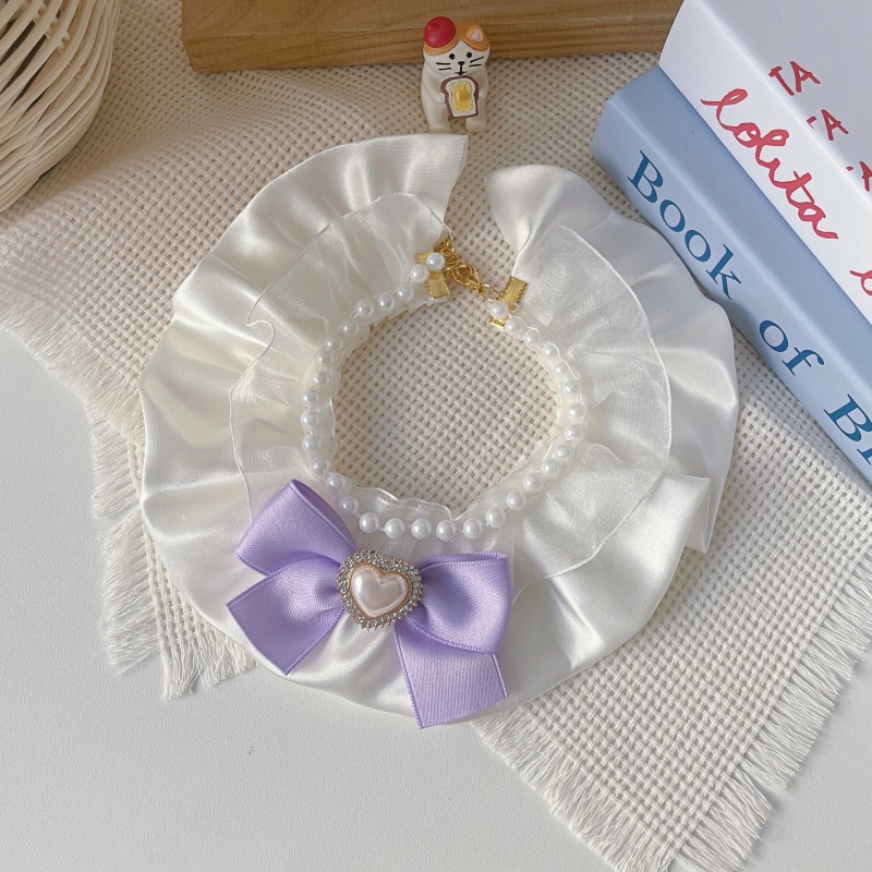 Pet Pearl Bib Cream Bow Heart Charm