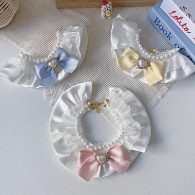 Pet Pearl Bib Cream Bow Heart Charm 01