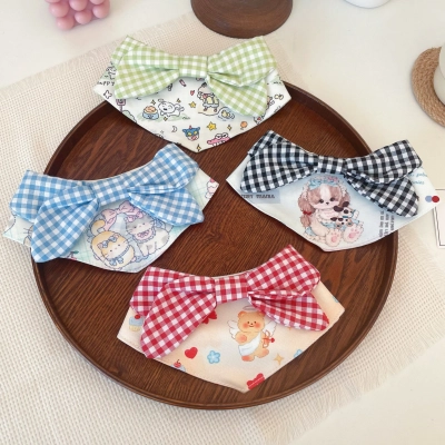 Pet Triangle Scarf Animal Print Plaid Bow 02