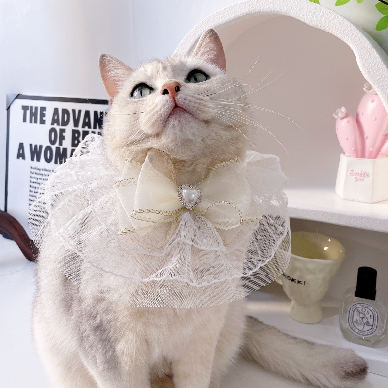 Pet Tulle Bow Collar Pearl Crystal Center