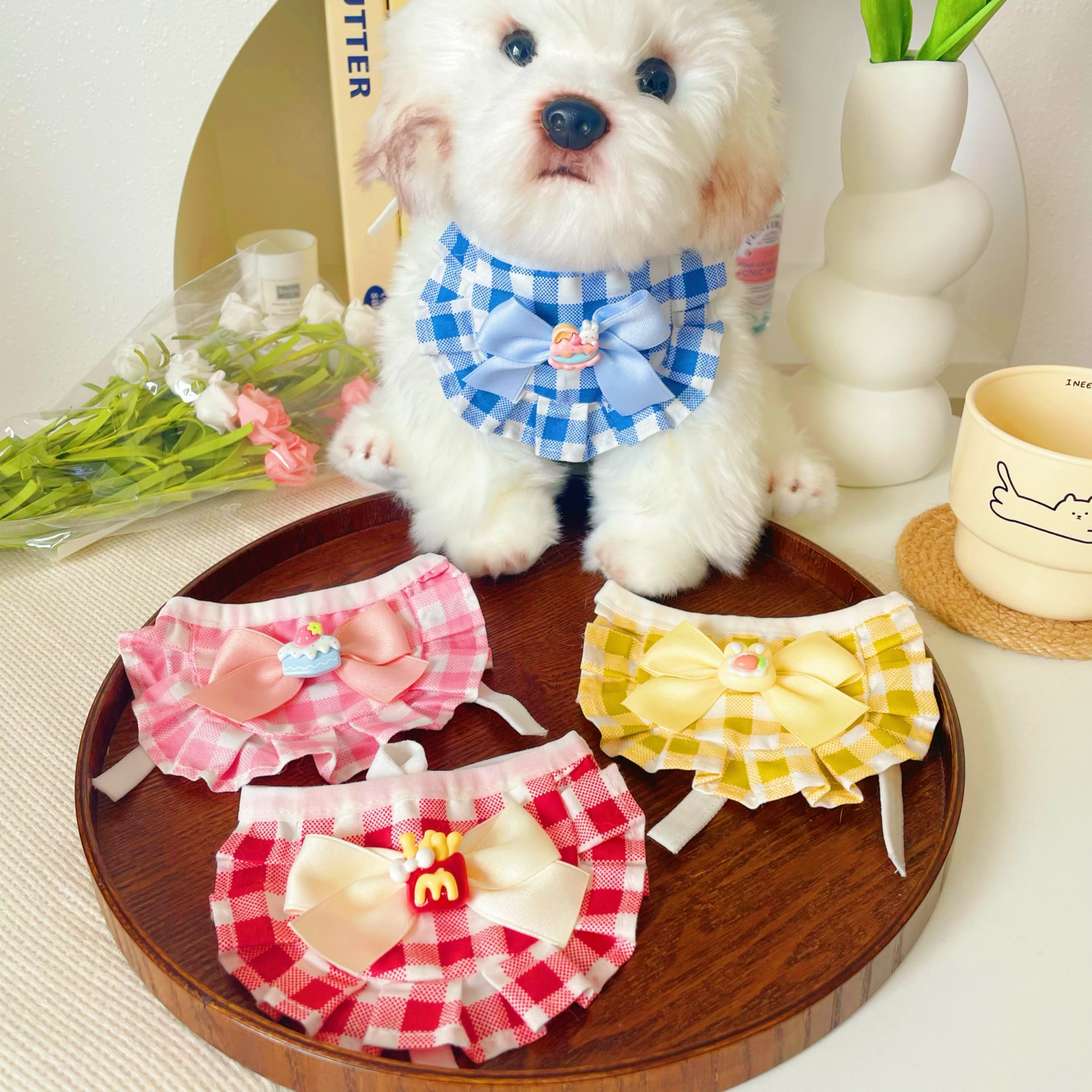 Pet Checkered Bib Lace Trim Cake Paw Print