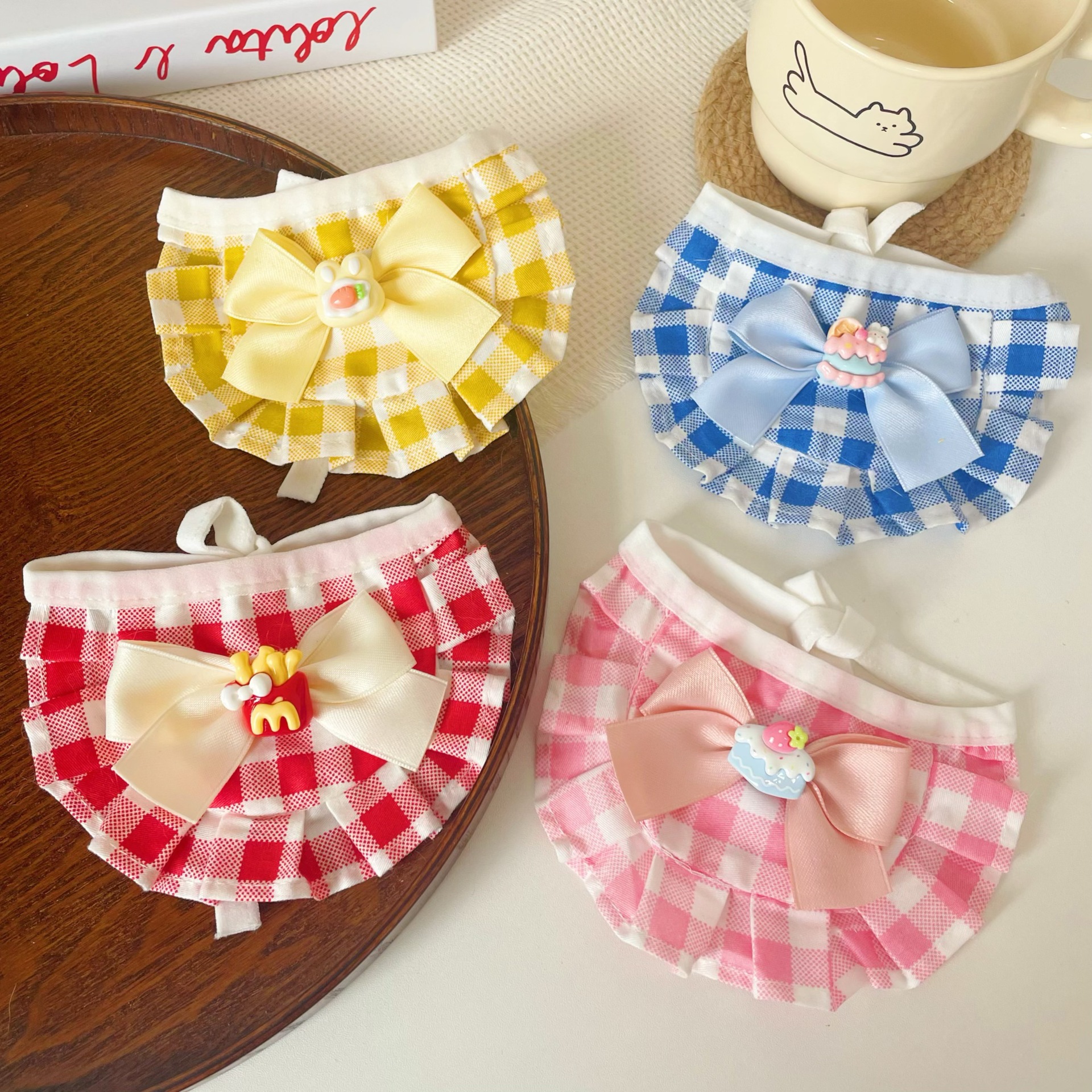 Pet Checkered Bib Lace Trim Cake Paw Print