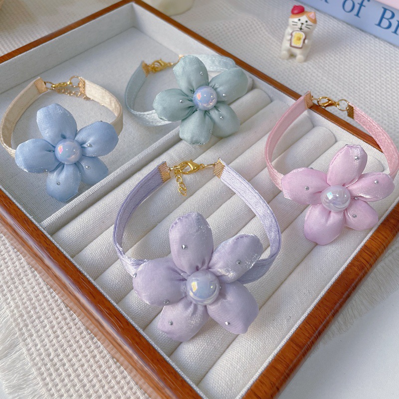 Pet Fabric Flower Collar Pearl Center Four Colors