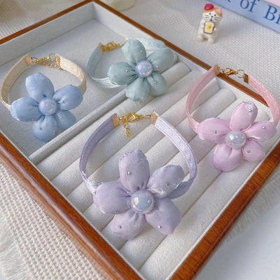 Pet Fabric Flower Collar Pearl Center Four Colors 02