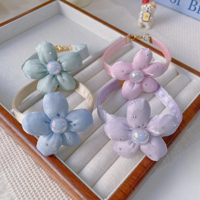 Pet Fabric Flower Collar Pearl Center Four Colors 01