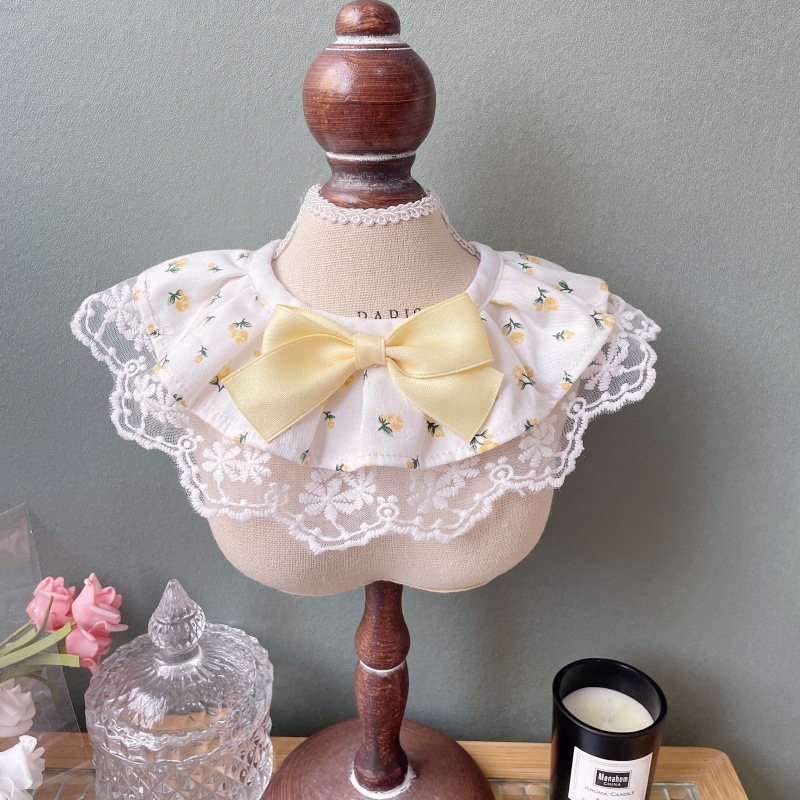 Pet Floral Bib Lace Trim Bow Center