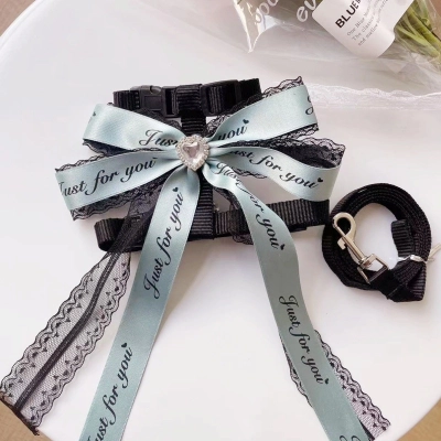 Pet Harness Leash Set Text Print Bow 01
