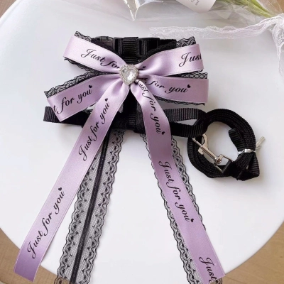 Pet Harness Leash Set Text Print Bow 02