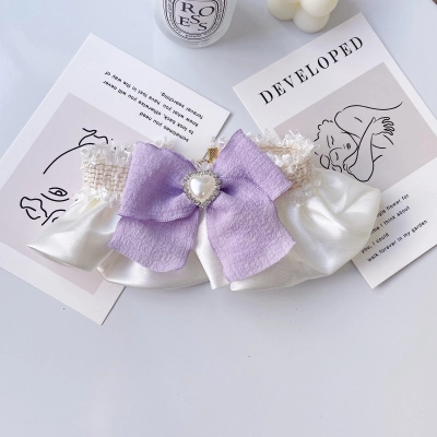 Pet Cream Collar Pearl Heart Bow Set 02
